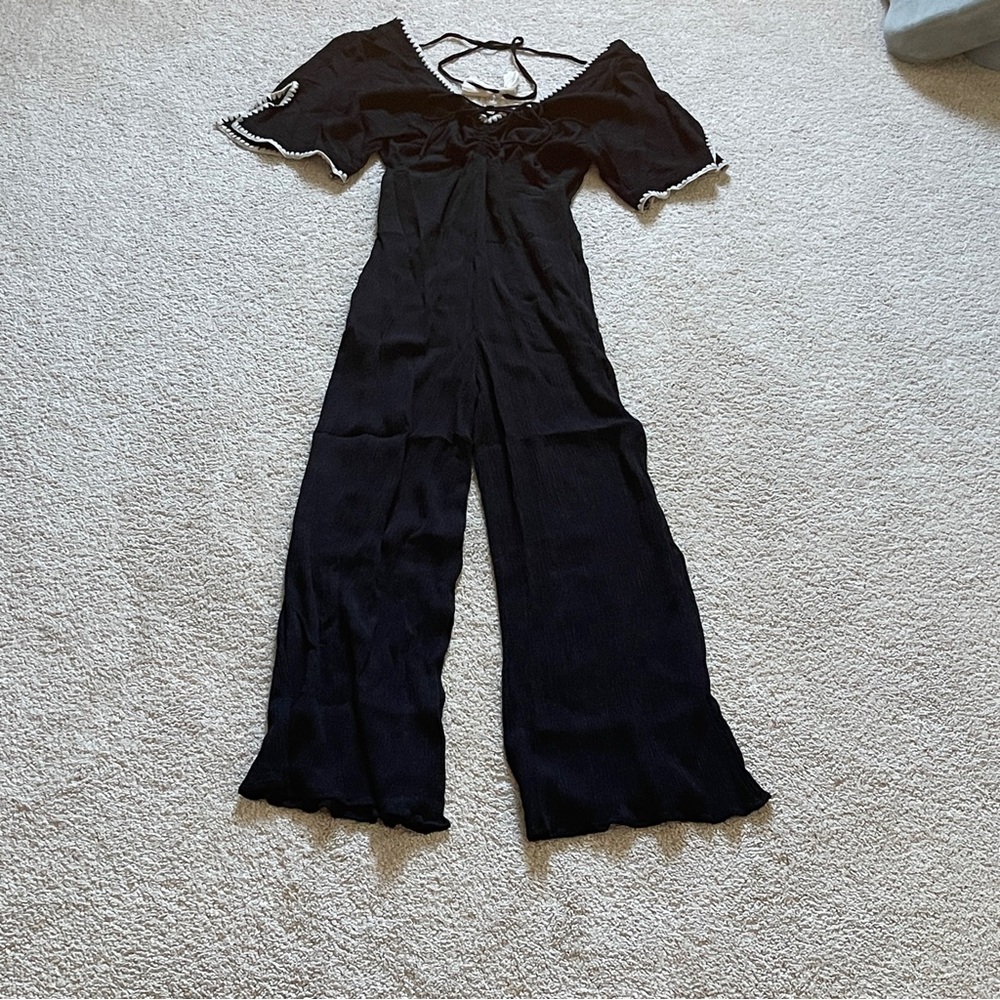Black Deep V Wide Leg Ribbed Jumpsuit